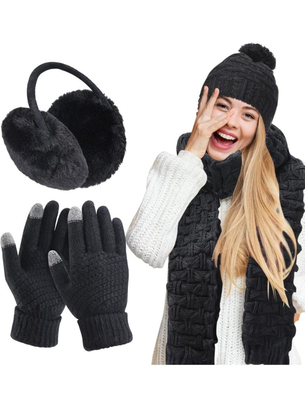 Cozy 4-Piece Winter Hat, Scarf & Gloves Set for Women - Knit Beanie & Ear Covers